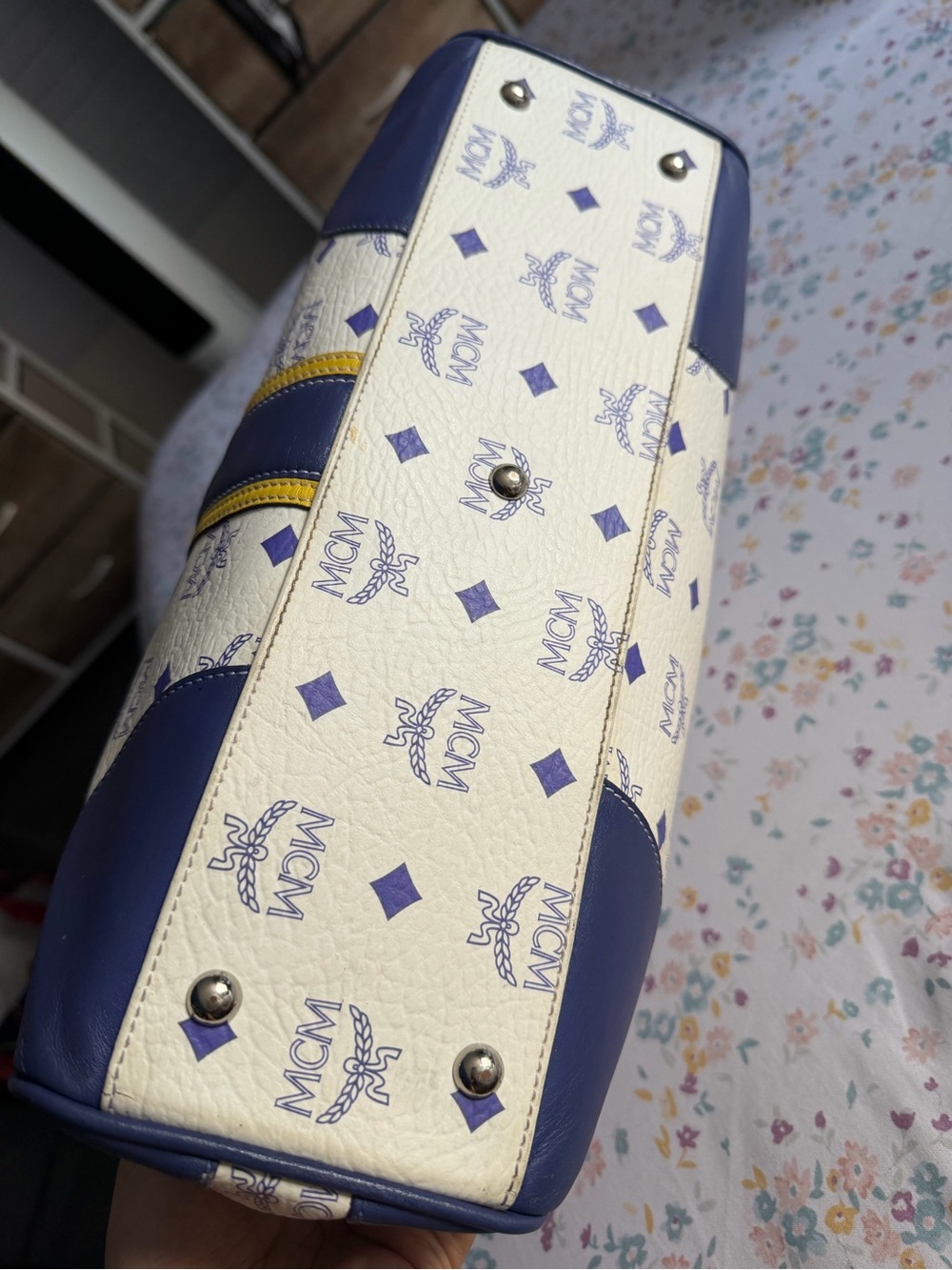MCM Cream Satchel with Blue Trim and Yellow Accents - Picture 6 of 14